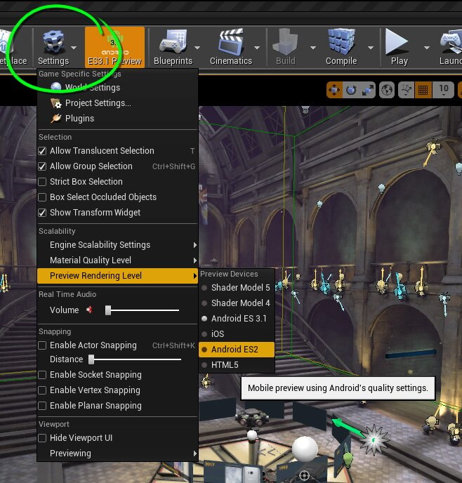 Setting mobile preview rendering in the Unreal editor