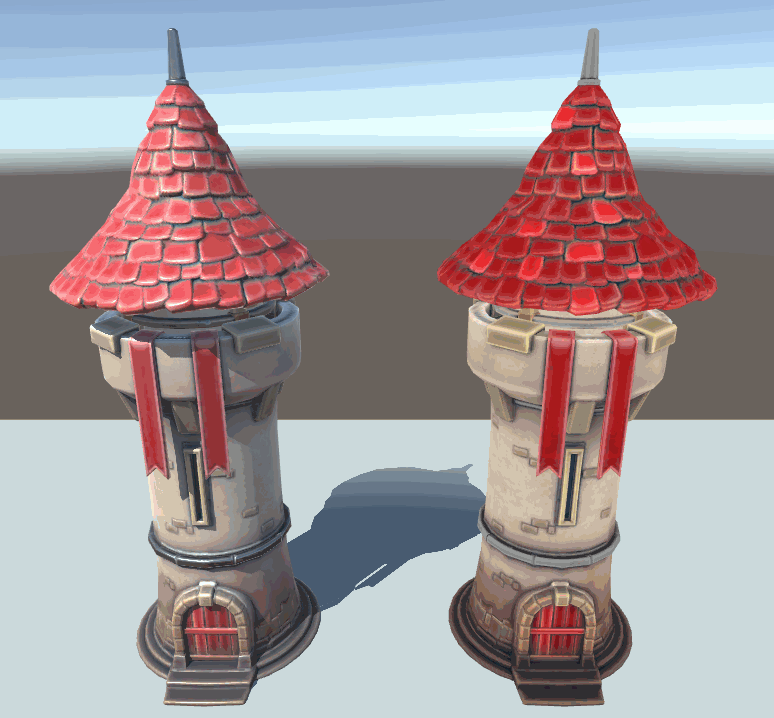 A comparison of a model rendered with and without lighting