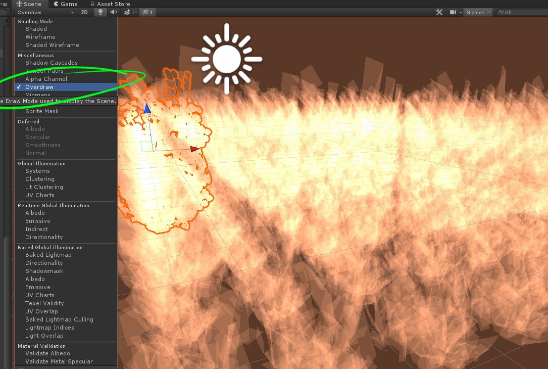 An example of the overdraw visualization tool in the Unity editor