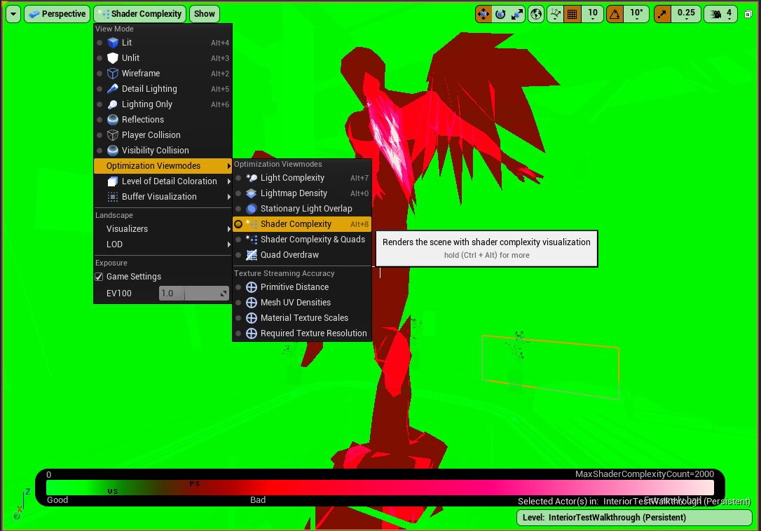 The Shader Complexity viewmode in the Unreal editor