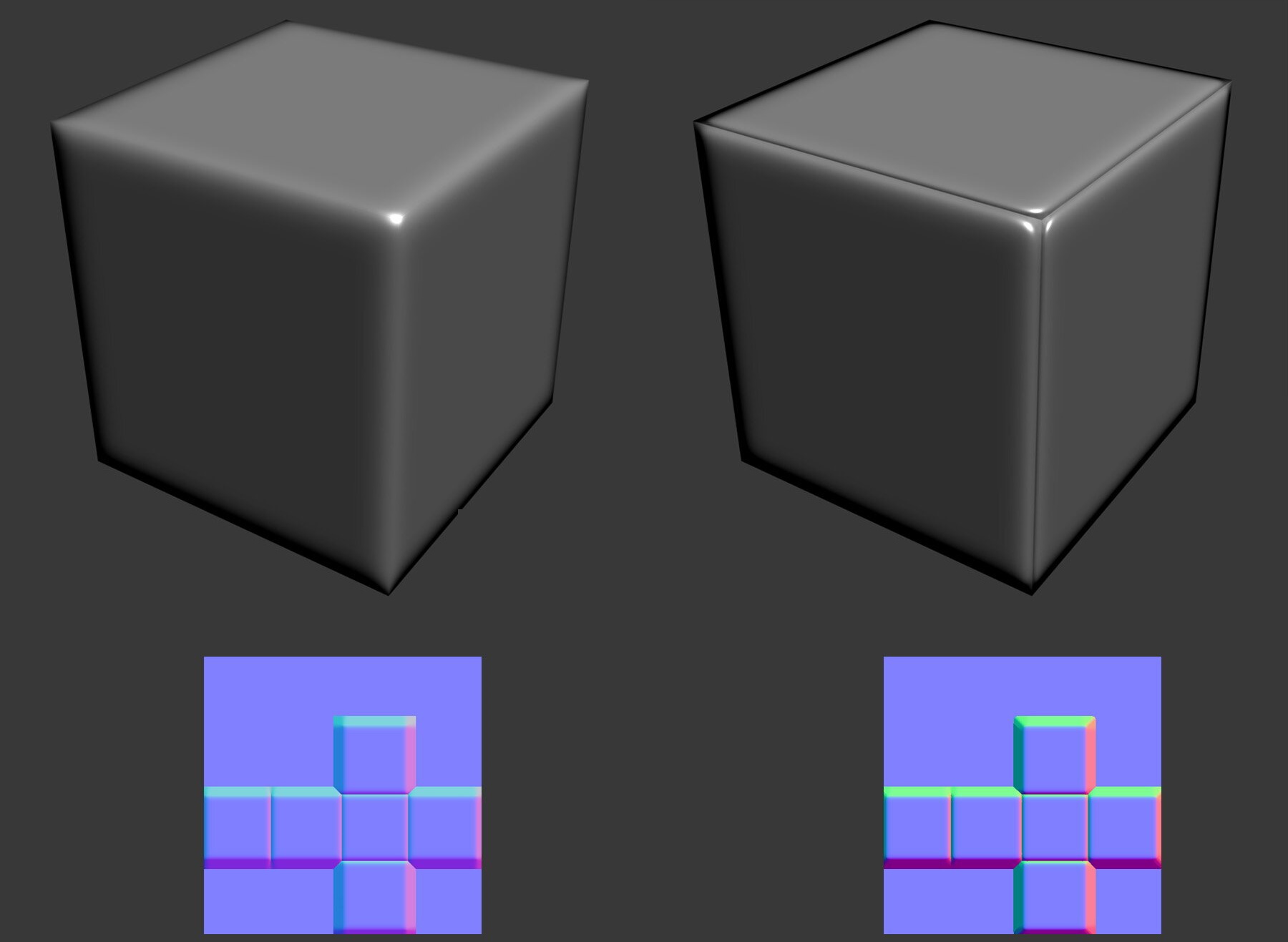 A model rendered using a normal map with and without a cage