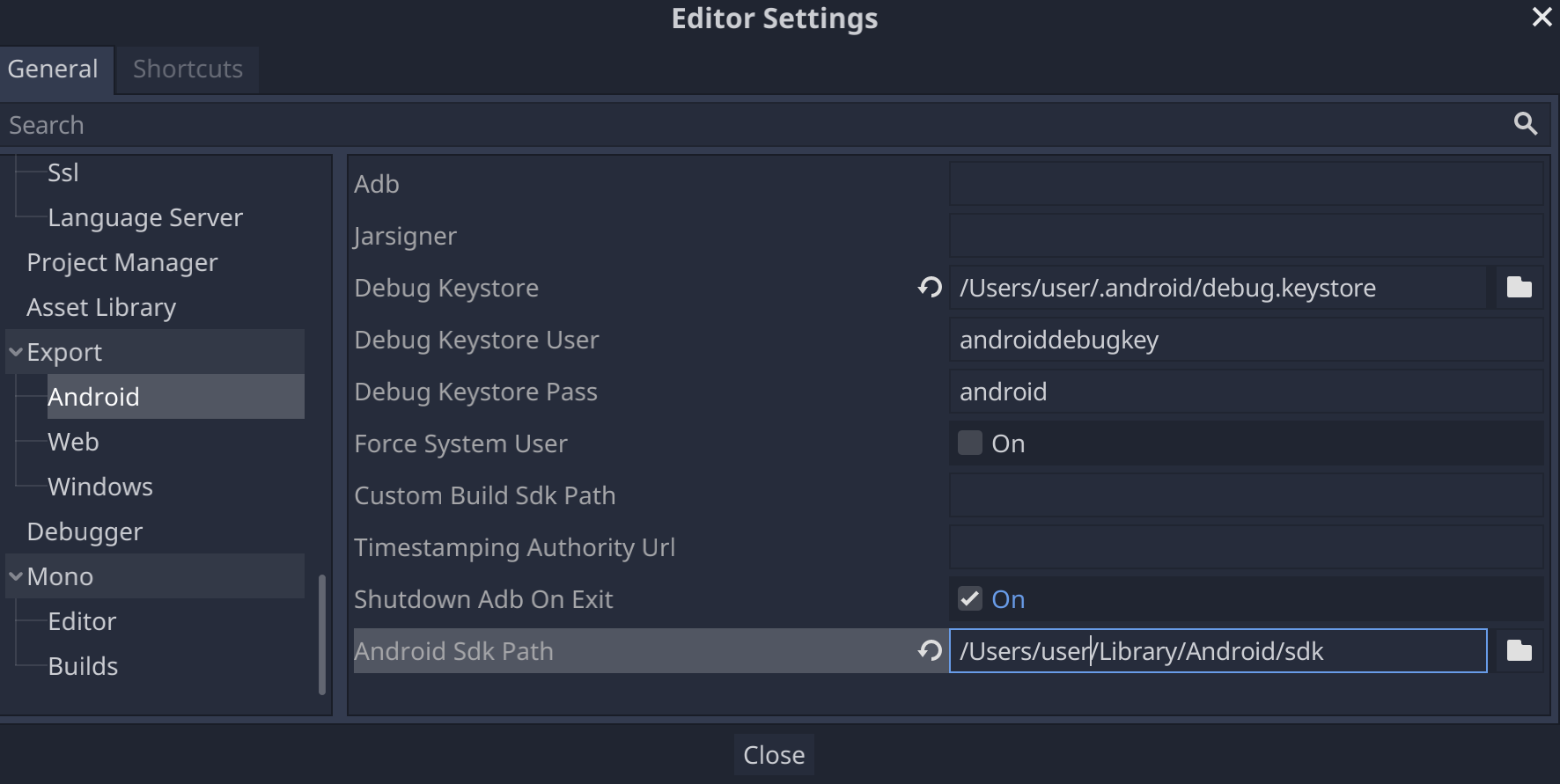 הגדרת הנתיב של Android SDK בהגדרות של Godot editor