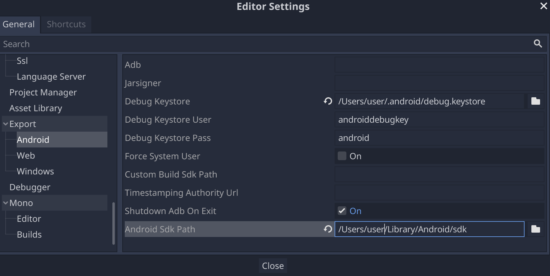 Godot のエディタ設定で Android SDK パスを設定する