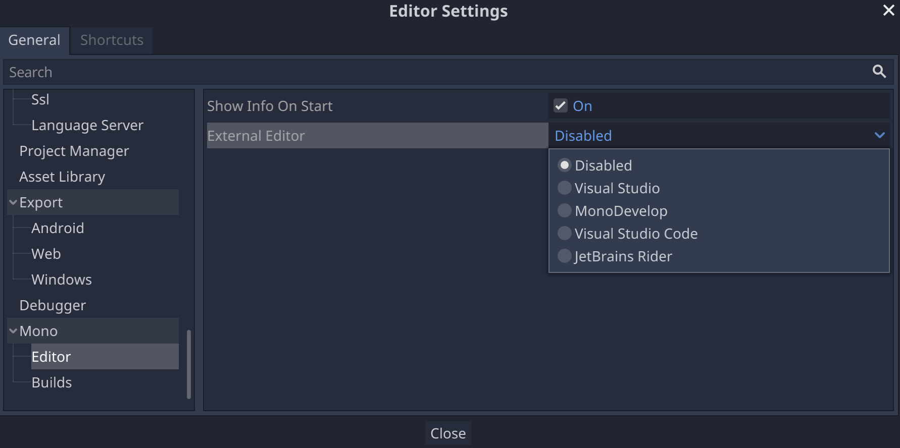 Setelan editor eksternal di setelan editor Godot