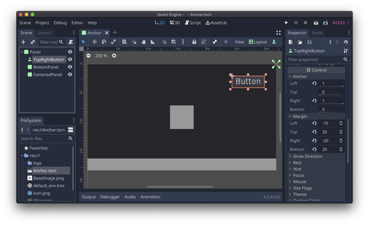 לחצן בקרה שנבחר עם מאפייני עוגן ושוליים שמוצגים בכלי לבדיקת רכיבים