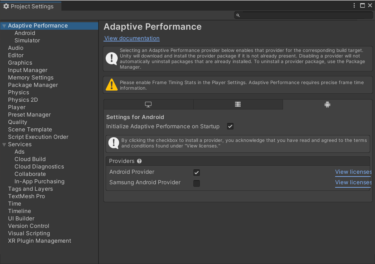 Adaptive Performance und Android-Anbieter