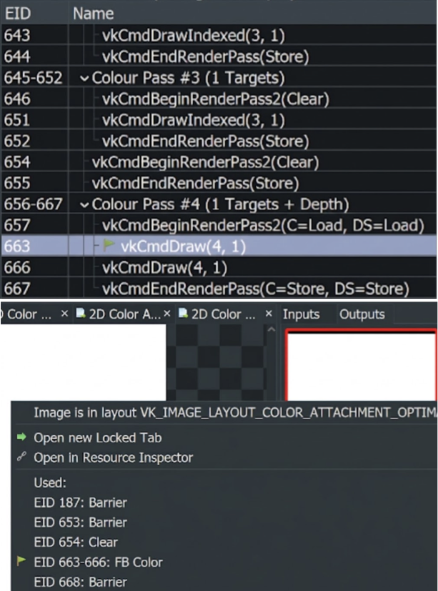 Браузер событий и инспектор ресурсов RenderDoc анализируют компоновку изображений и проходы рендеринга.