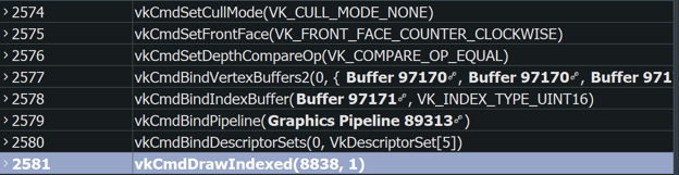 В логе команд Vulkan отображается значение vkCmdSetCullMode, равное VK_CULL_MODE_NONE.