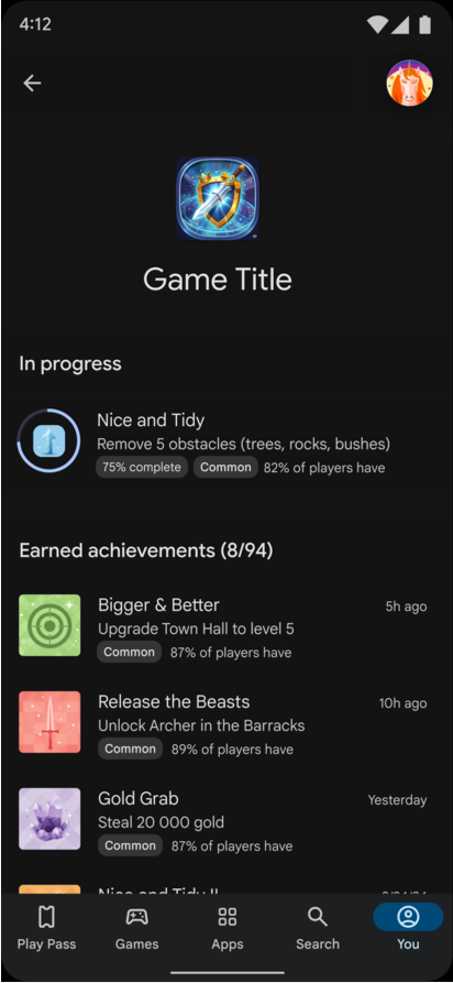 Good achievements with unique names, icons, and descriptions.