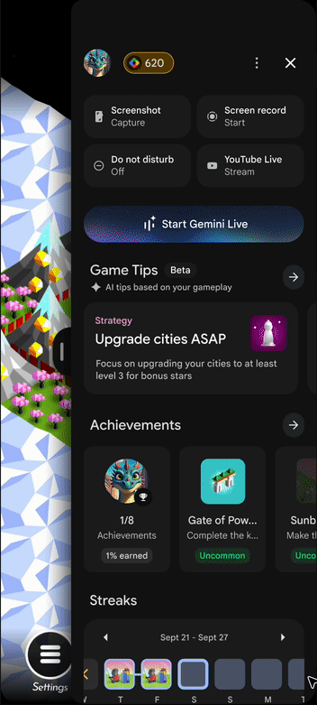 Play Games Sidekick (бета-версия) с доступными функциями.