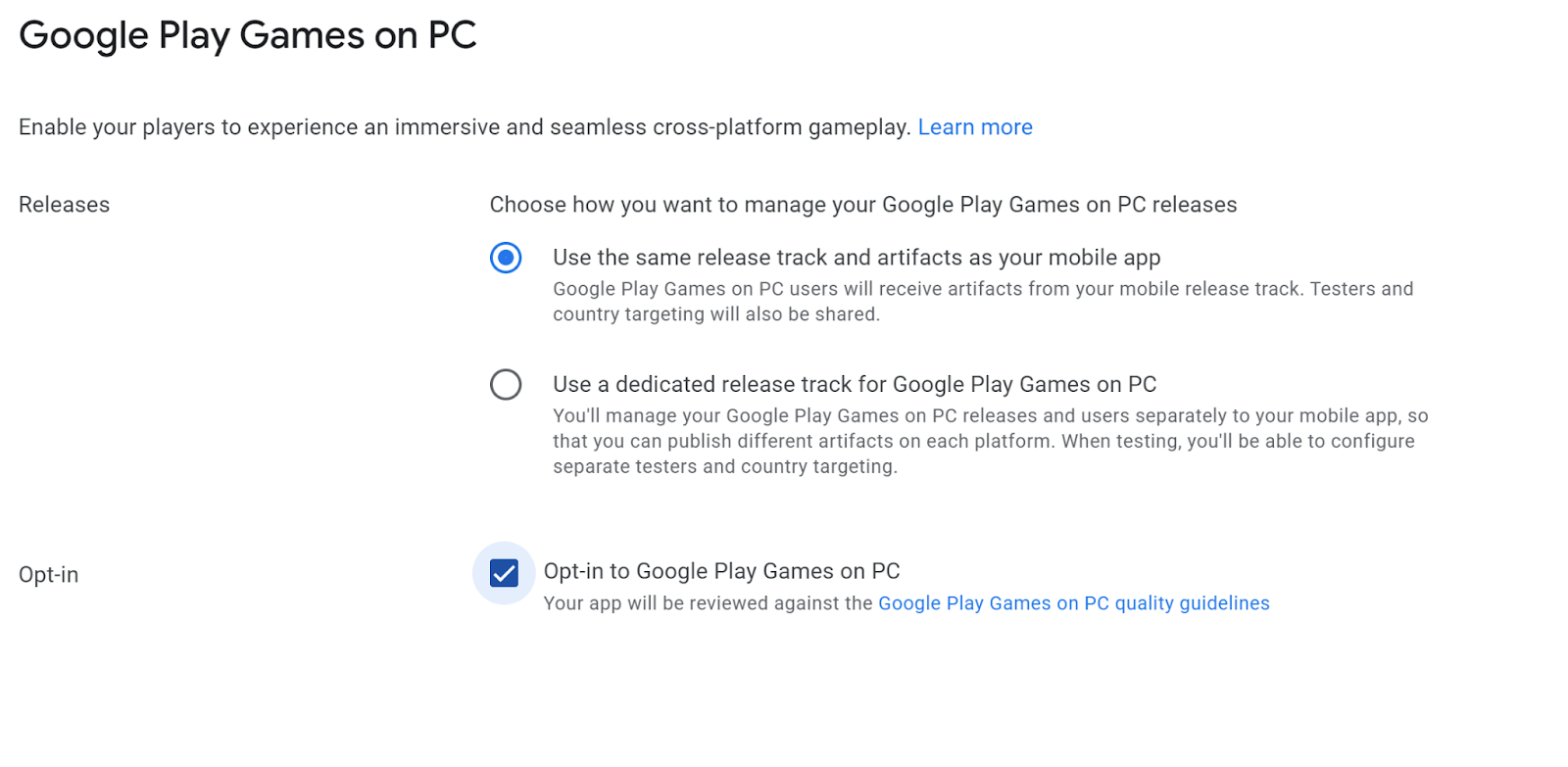 Ein Screenshot der Auswahl, ob ein spezieller Track für Google Play Spiele auf dem PC verwendet werden soll