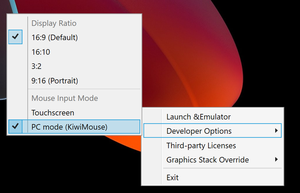 Bağlam menüsünde &quot;PC modu(KiwiMouse)&quot;nun seçili olduğu ekran görüntüsü