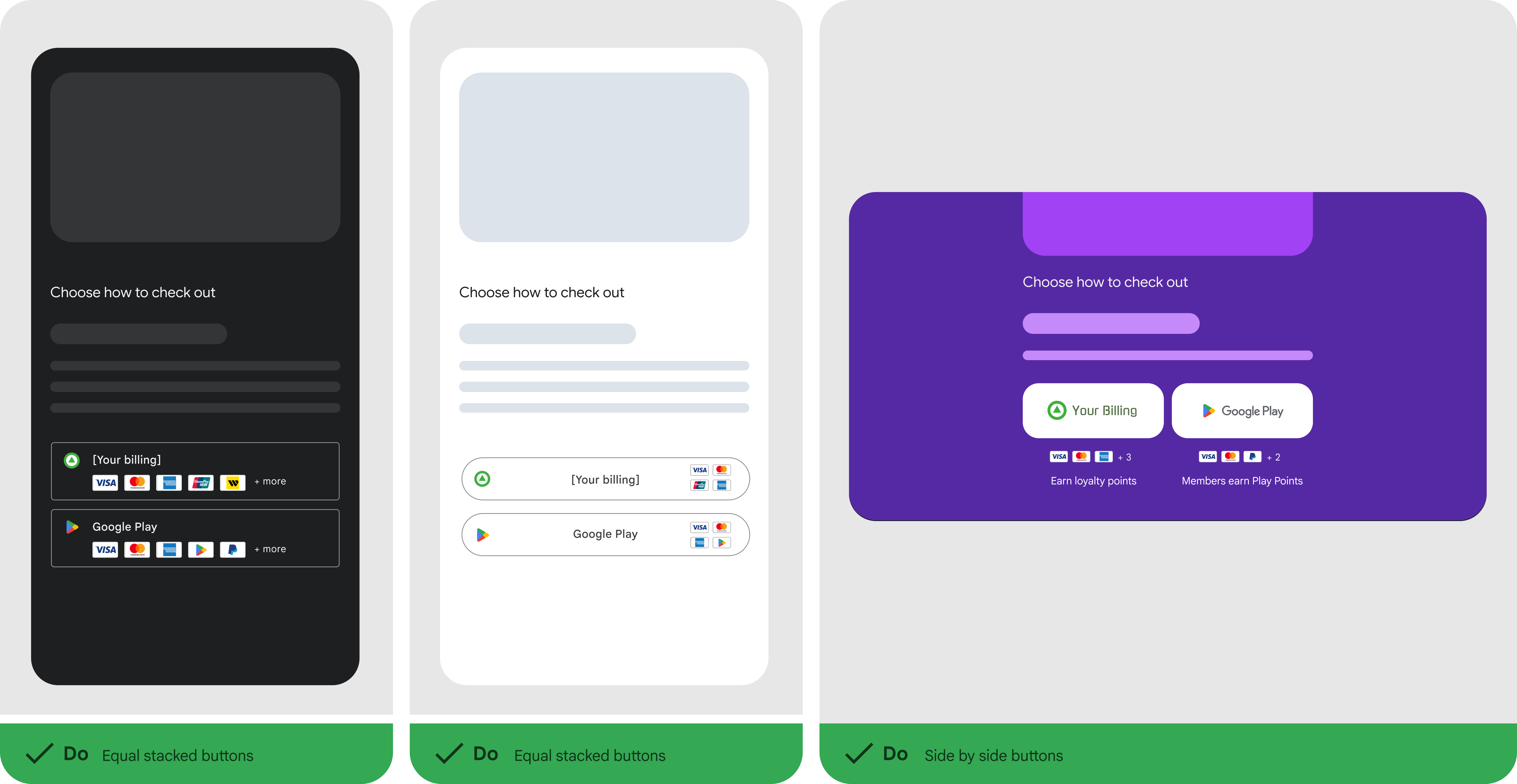 代替の課金システムと Google Play 請求の両方のオプションが表示された、デベロッパーがレンダリングした選択画面。