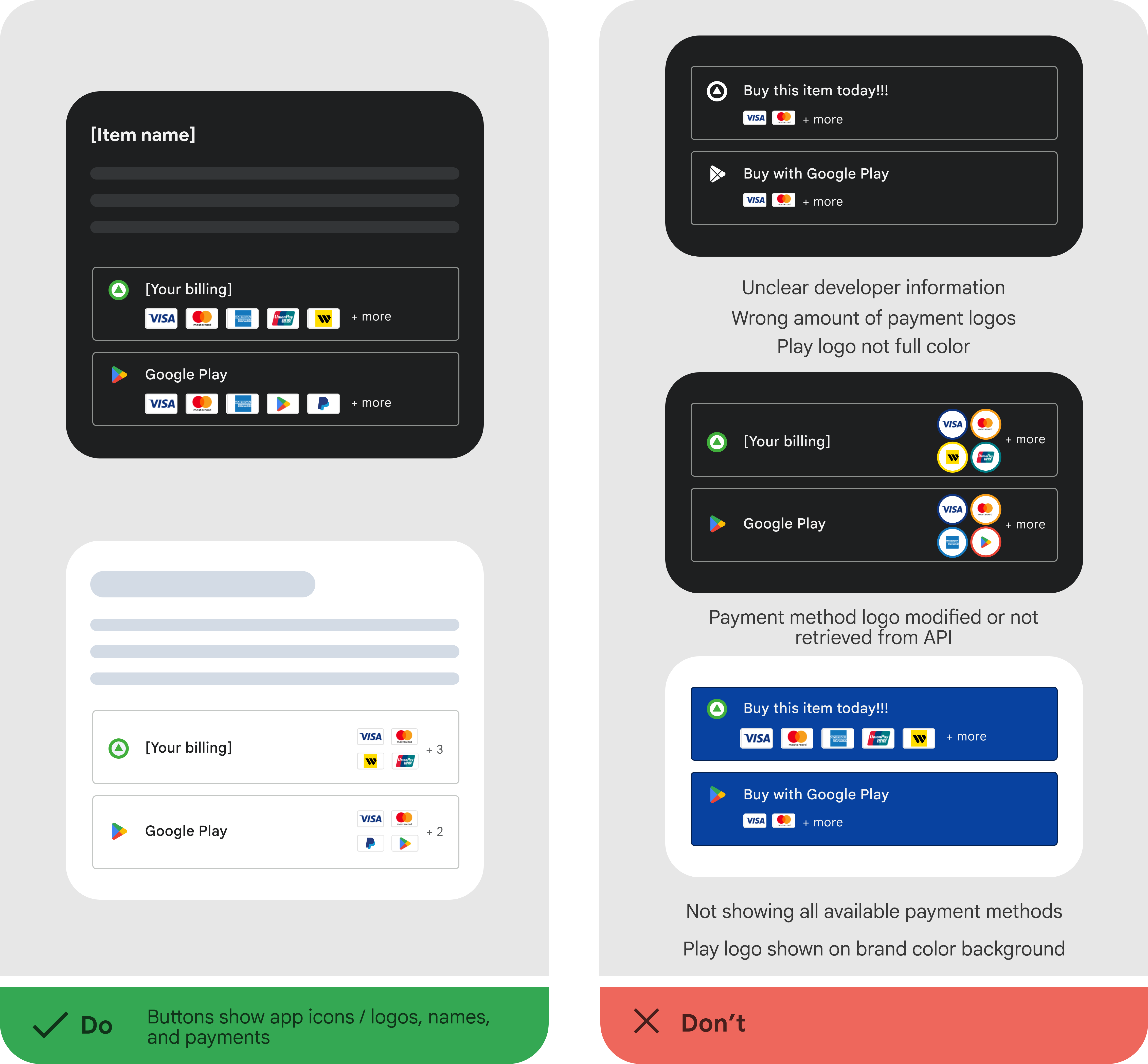 Esempi di diversi layout per la visualizzazione dei loghi dei pagamenti, che mostrano configurazioni a una e più righe.