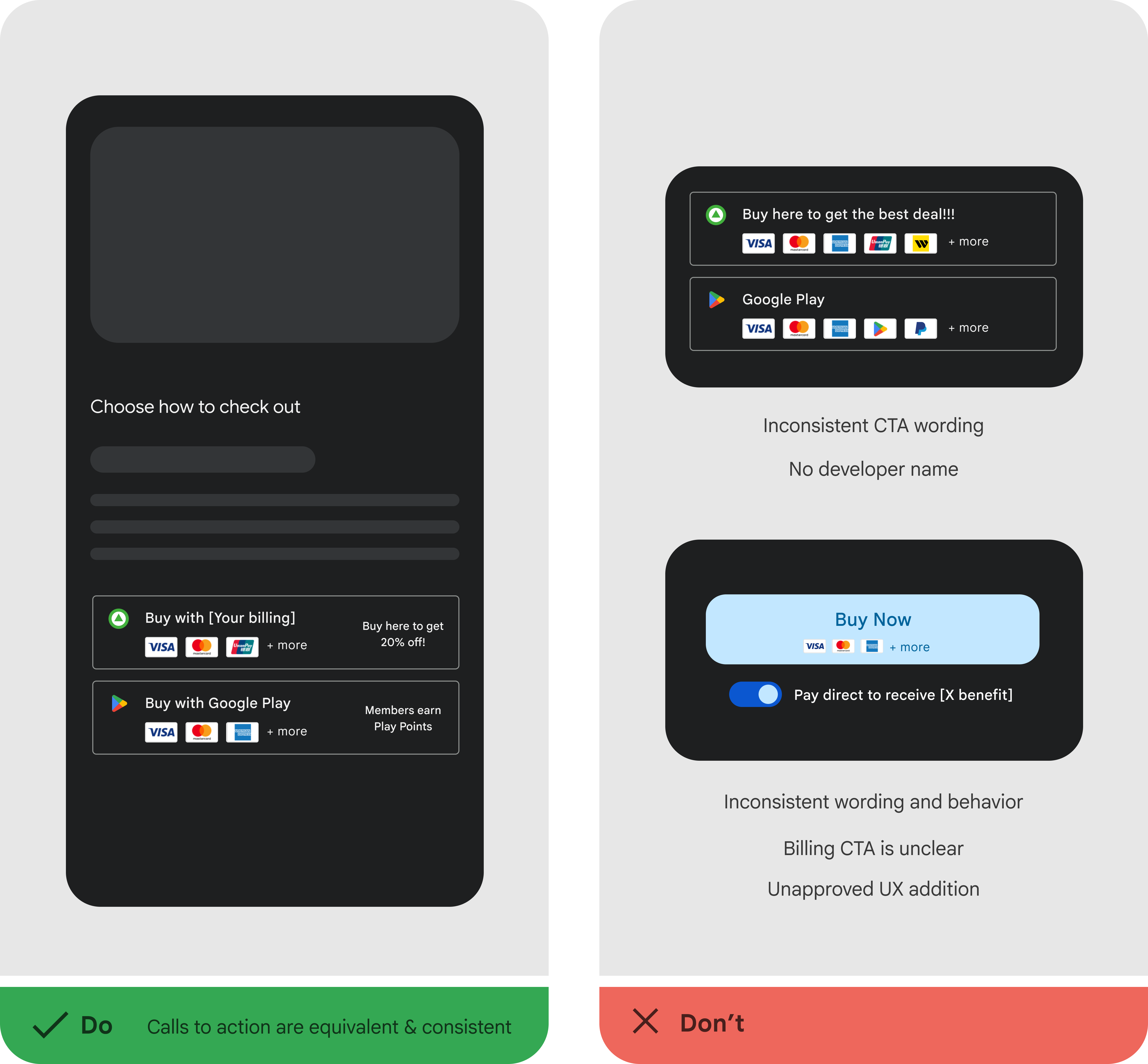 Un mockup di pulsanti di invito all'azione di pagamento neutri e paralleli per la fatturazione dello sviluppatore e Google Play Billing.