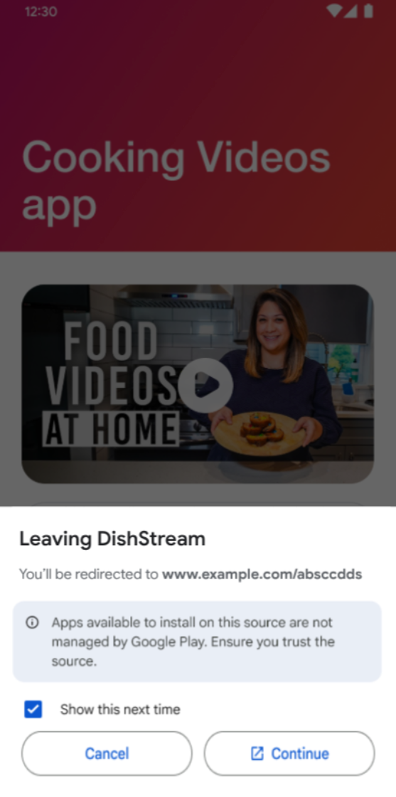 ユーザーはアプリ外にリダイレクトされる前に、情報画面が表示されます。