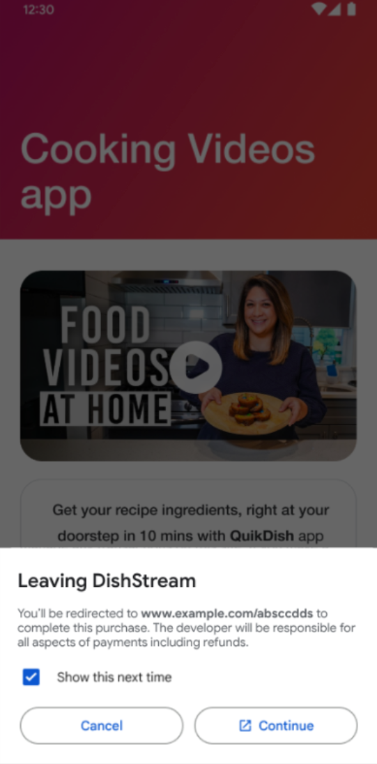 사용자가 앱 외부로 안내되기 전에 정보 화면이 표시됩니다.