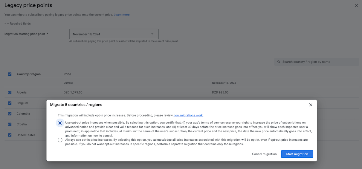 Migracja starszych kohort cenowych w Konsoli Google Play z możliwością rezygnacji