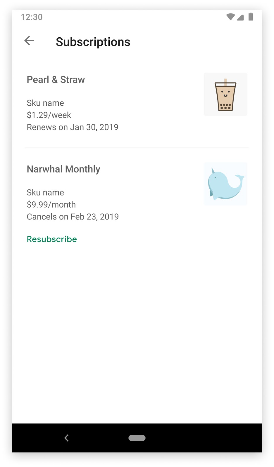 Section &quot;Subscriptions&quot; (Abonnements) de l&#39;application Google Play Store affichant un abonnement résilié avec le bouton &quot;Resubscribe&quot; (Se réabonner)