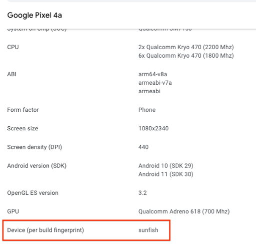 Pagina di Pixel 4a nel catalogo dei dispositivi