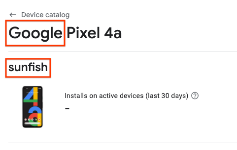 Pagina di Pixel 4a nel catalogo dei dispositivi