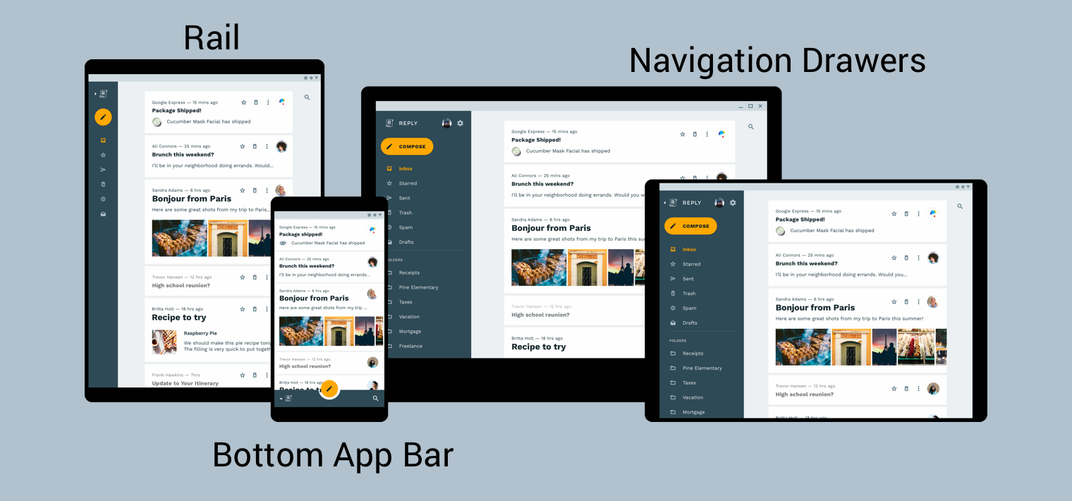 examples of a rail, navigation drawers, and a bottom app bar