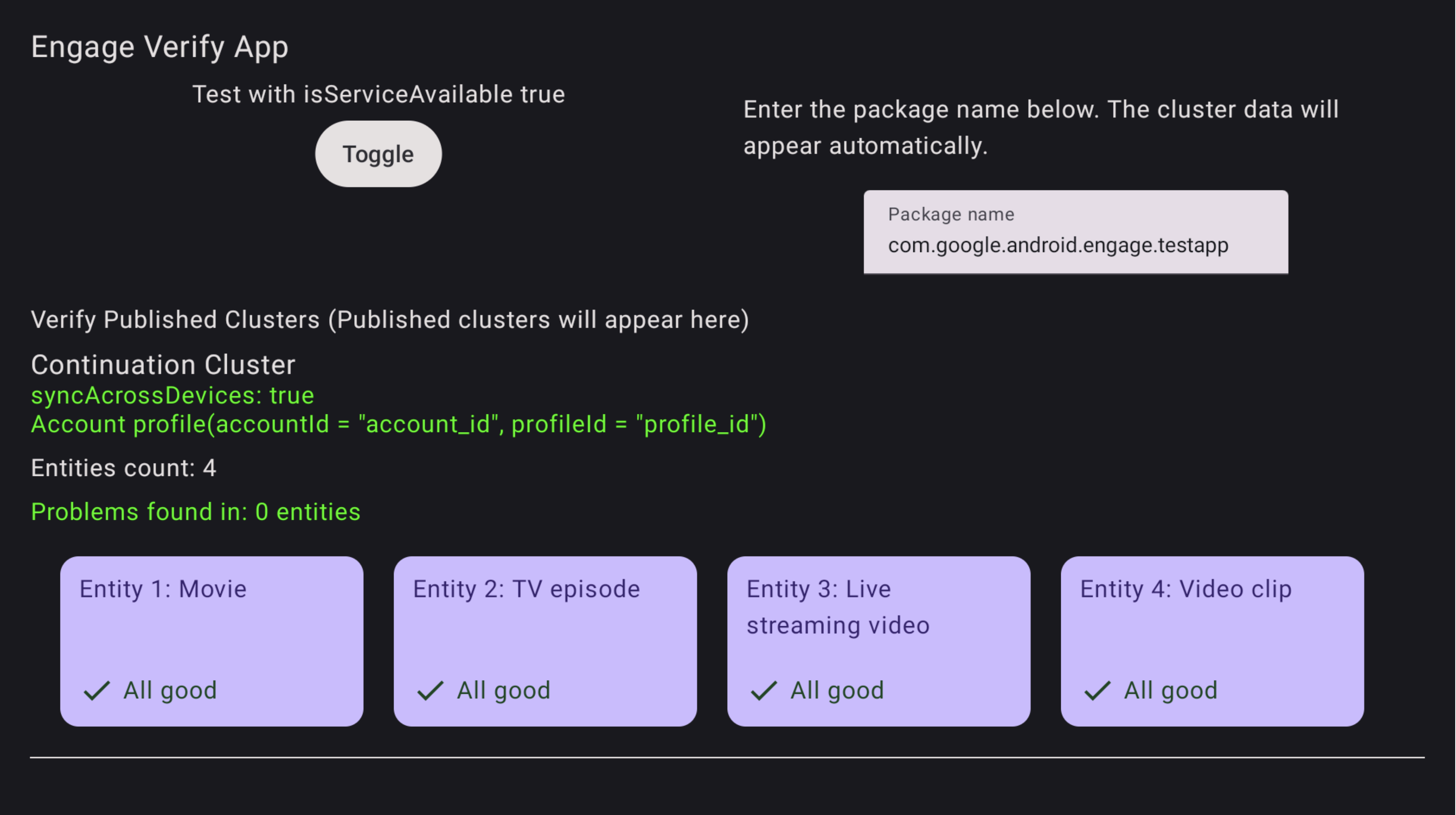 Captura de tela de sucesso do app de verificação
