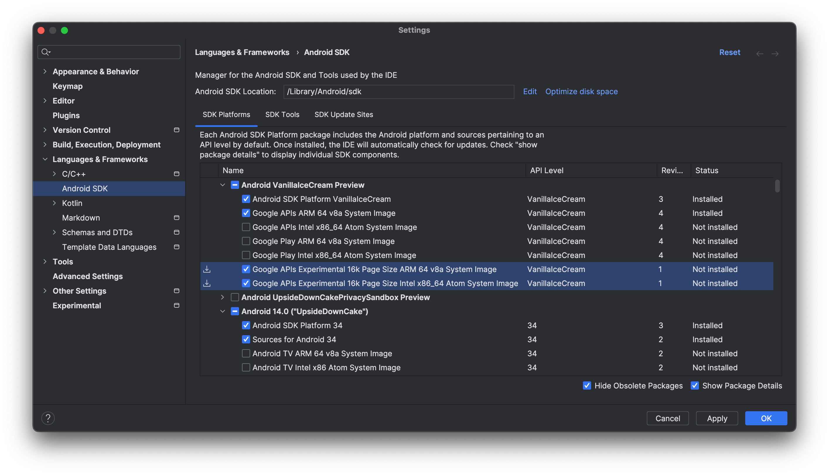 Descarga imágenes del sistema del emulador de 16 KB con SDK Manager en Android Studio