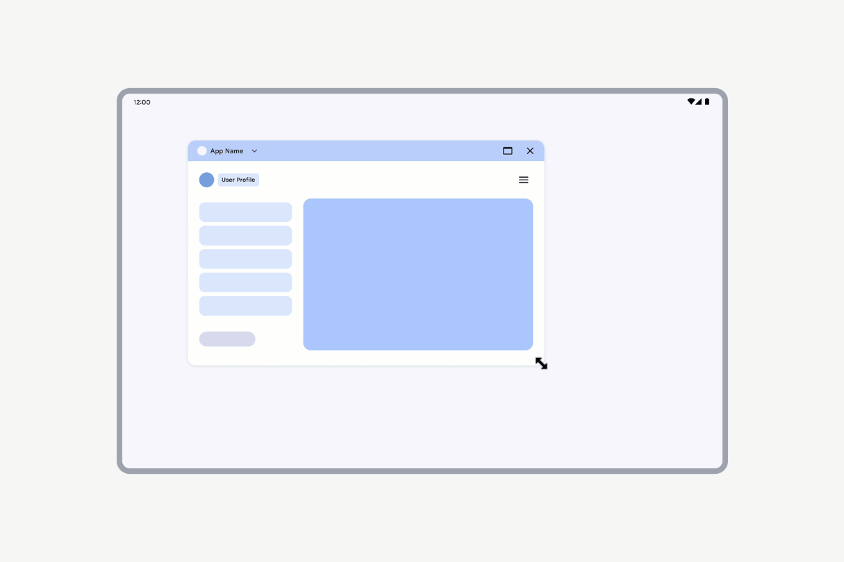 Animação do app sendo redimensionado. A interface é dimensionada para preencher a janela da área de trabalho.
