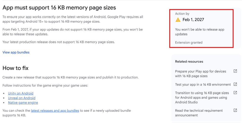 Advertencia de Google Play Console que indica que las actualizaciones de la app deben admitir tamaños de página de memoria de 16 KB antes del 1 de febrero de 2027