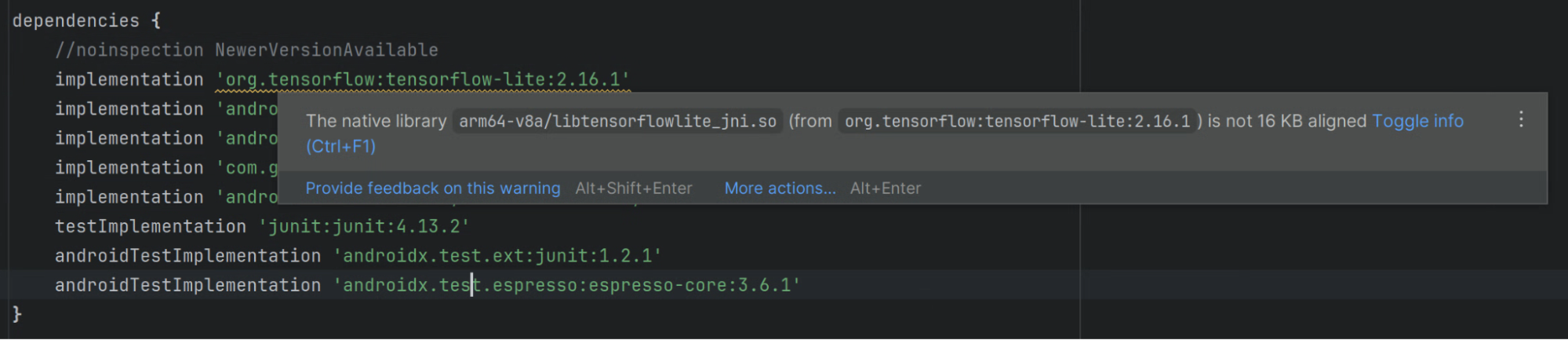 Aviso do linter do Studio sobre uma biblioteca nativa não alinhada