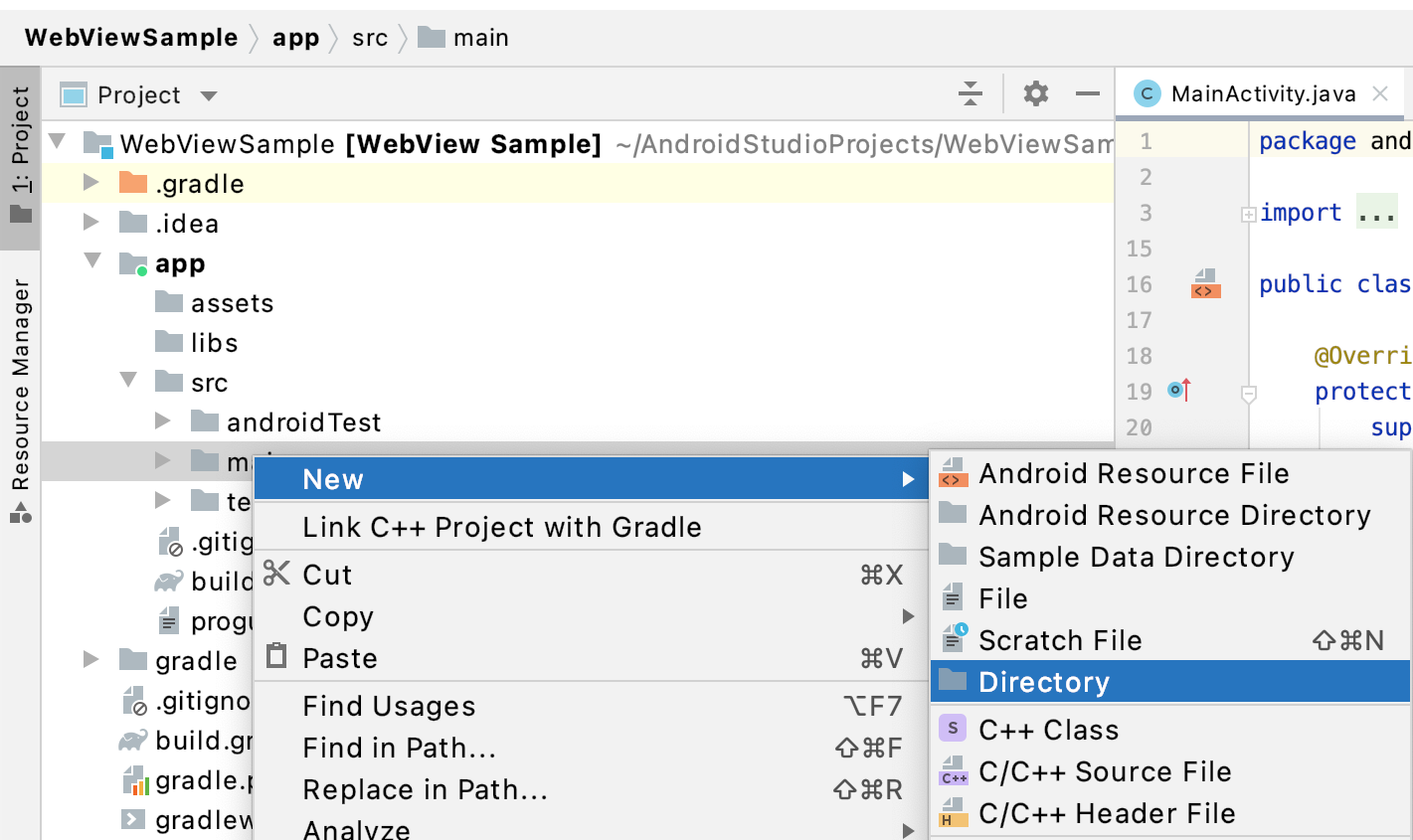 An image showing Android Studio create-directory menus