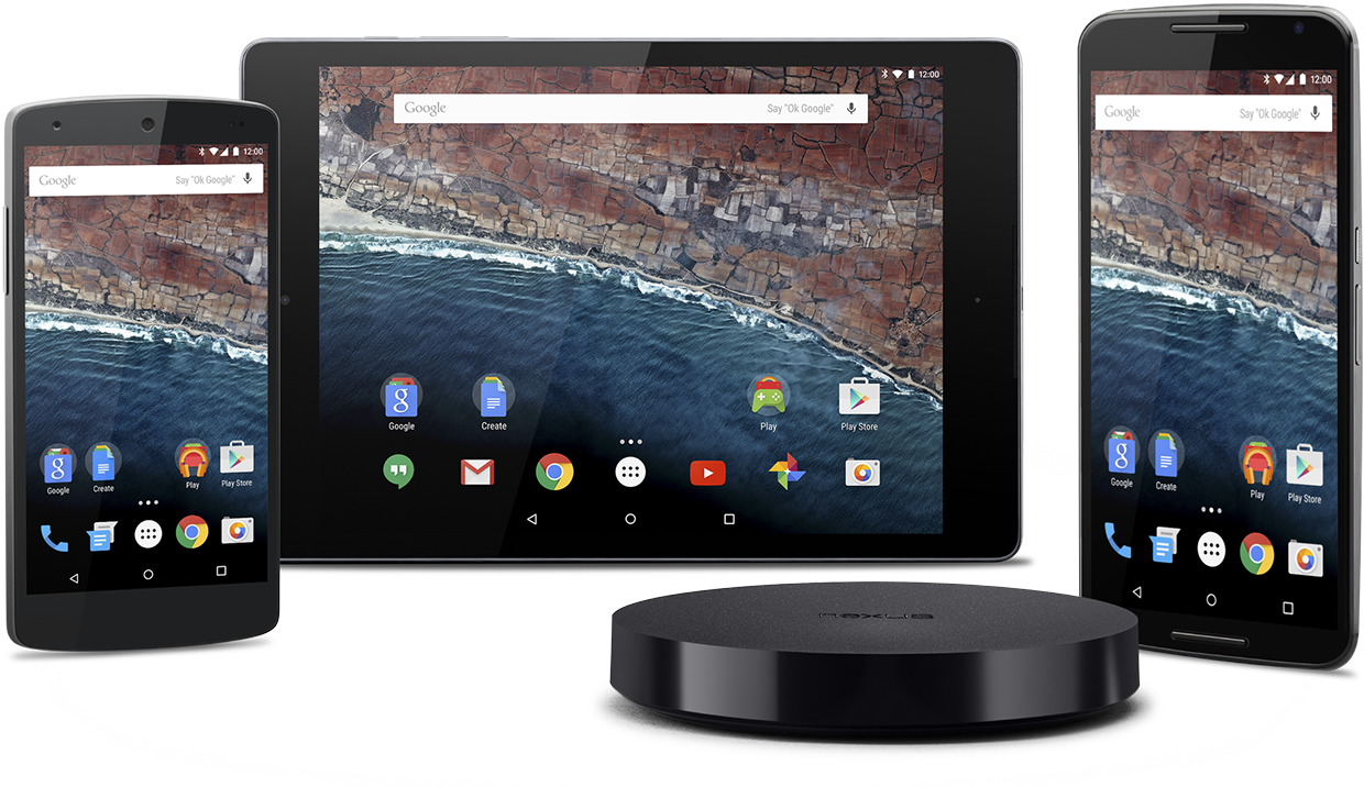 Visualizzazione assortita di dispositivi tra cui un tablet, smartphone e uno speaker che mostrano Android 6.0