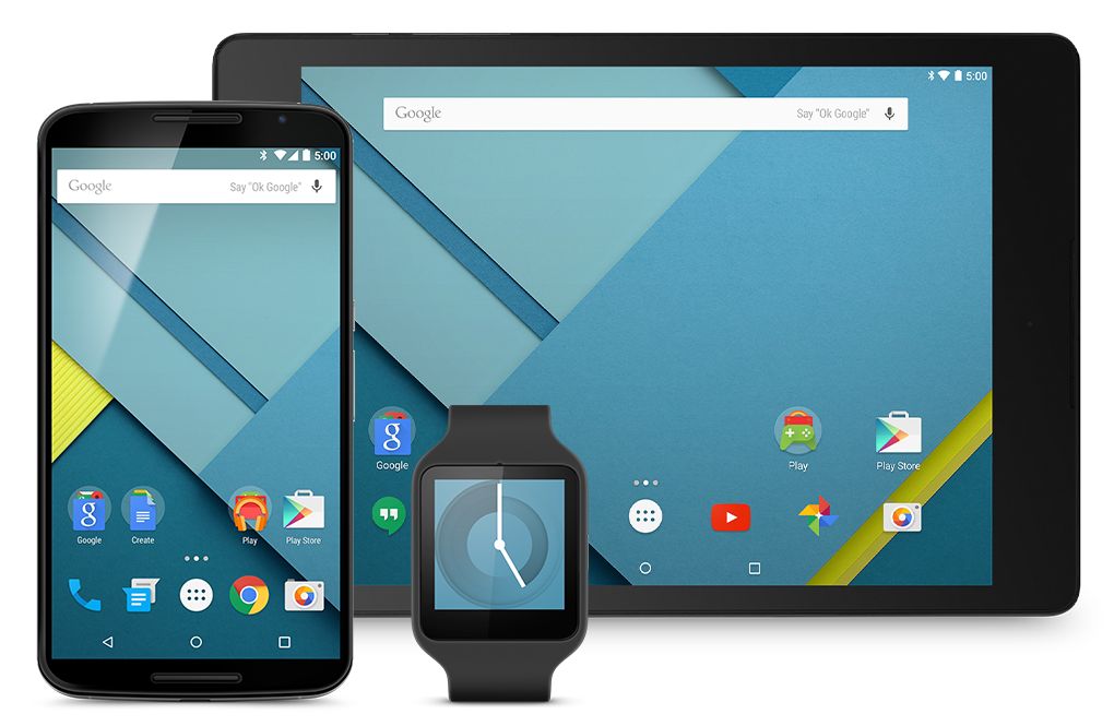 Divers appareils, dont une montre, un mobile et une tablette en mode paysage, affichant Android 5.0