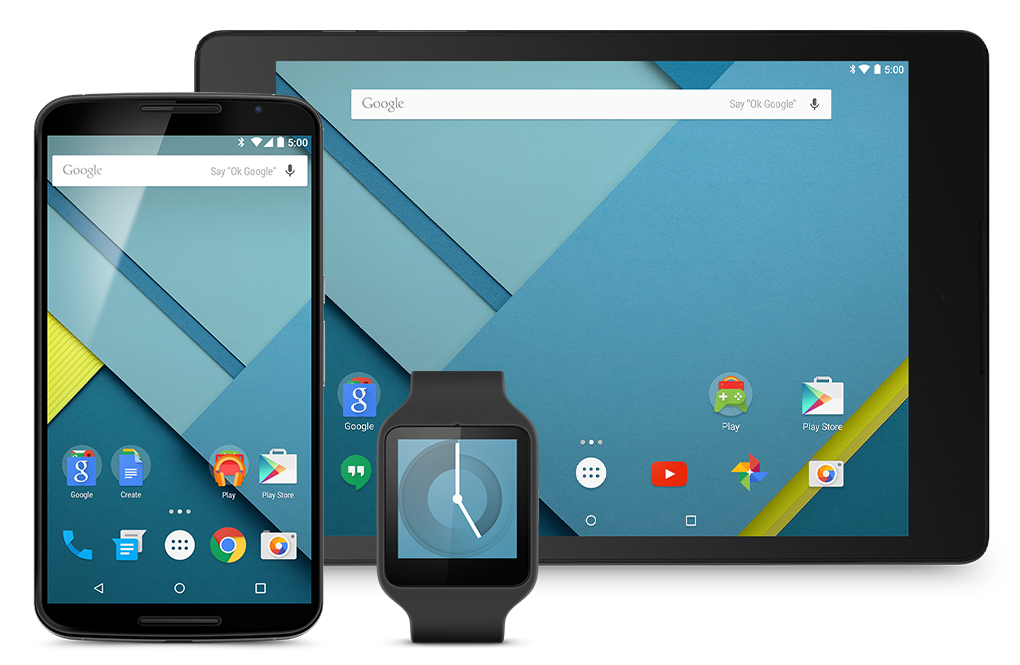 Android 5.0을 선보이는 시계, 모바일, 가로 방향 태블릿을 포함한 다양한 기기 디스플레이
