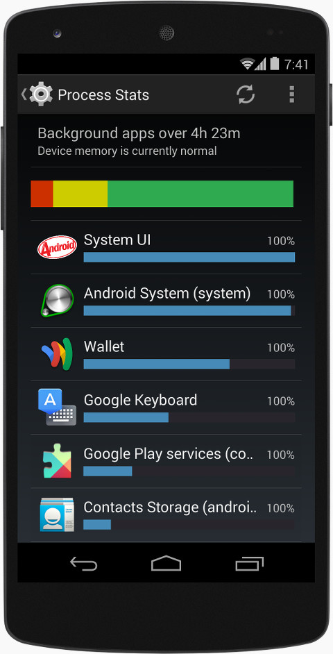 새로운 Process Stats 옵션을 보여주는 모바일 화면