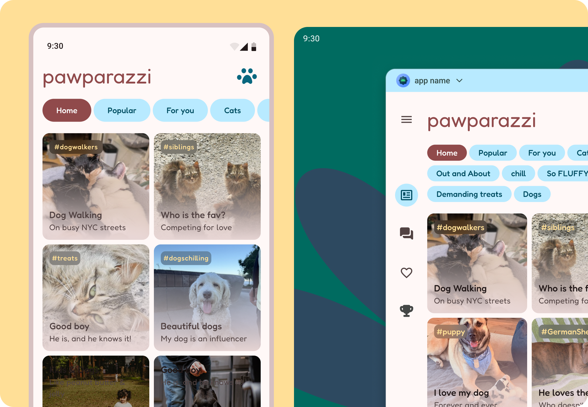 Pawparazzi è un'app social di esempio per animali domestici.