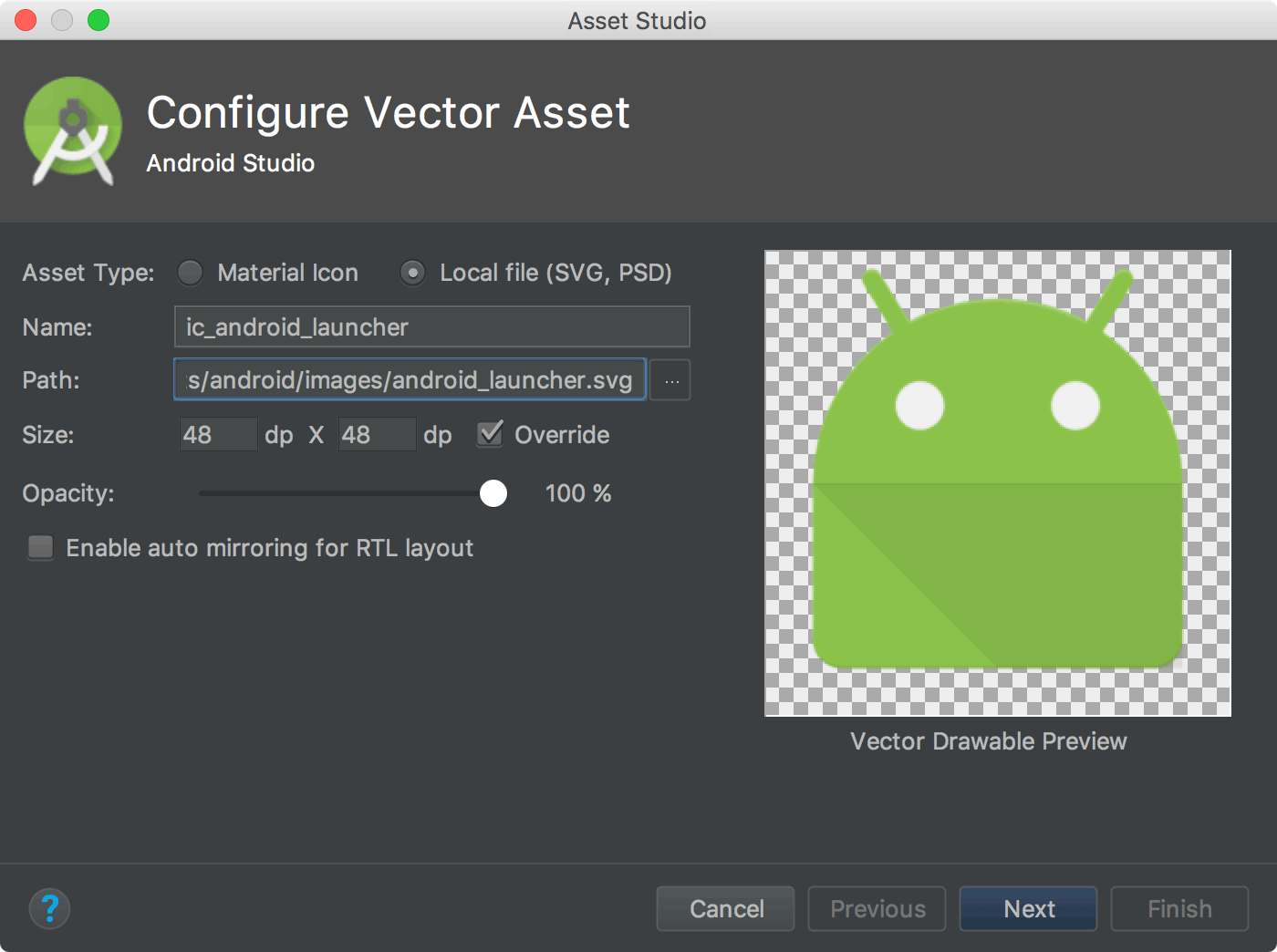 Android Studio में SVG फ़ाइल इंपोर्ट करने का तरीका दिखाने वाली इमेज