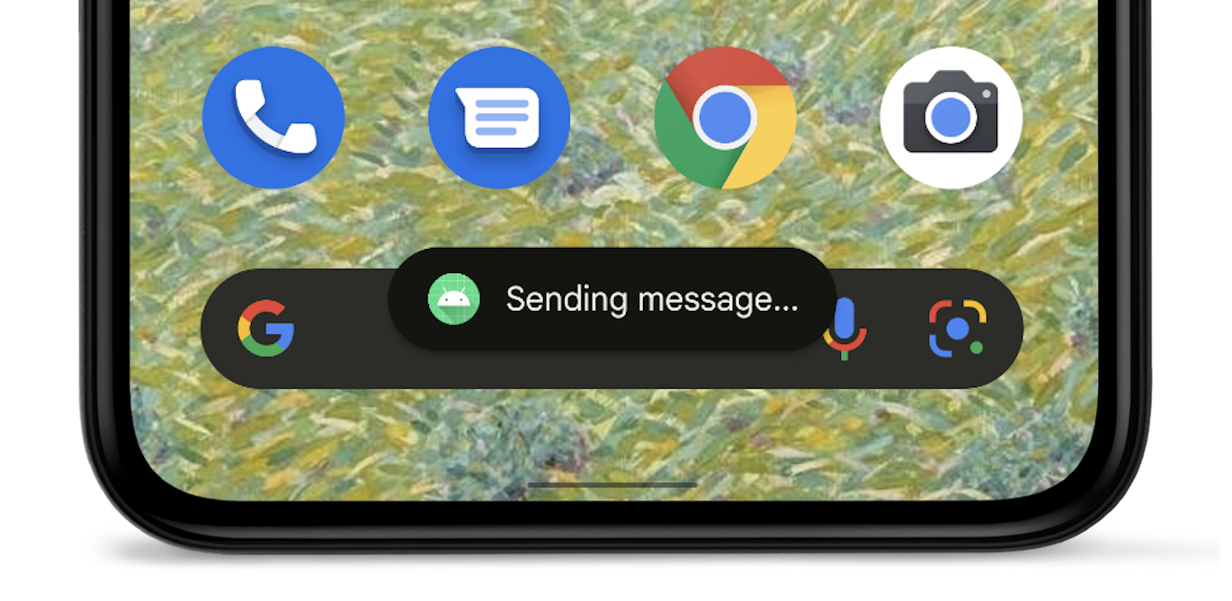 앱 아이콘 옆에 '메시지를 보내는 중'이라는 토스트 팝업이 표시된 Android 기기 이미지