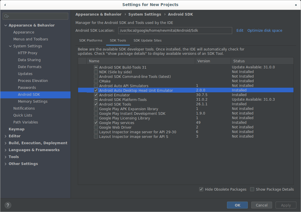 SDK Manager muestra la DHU 2.0.