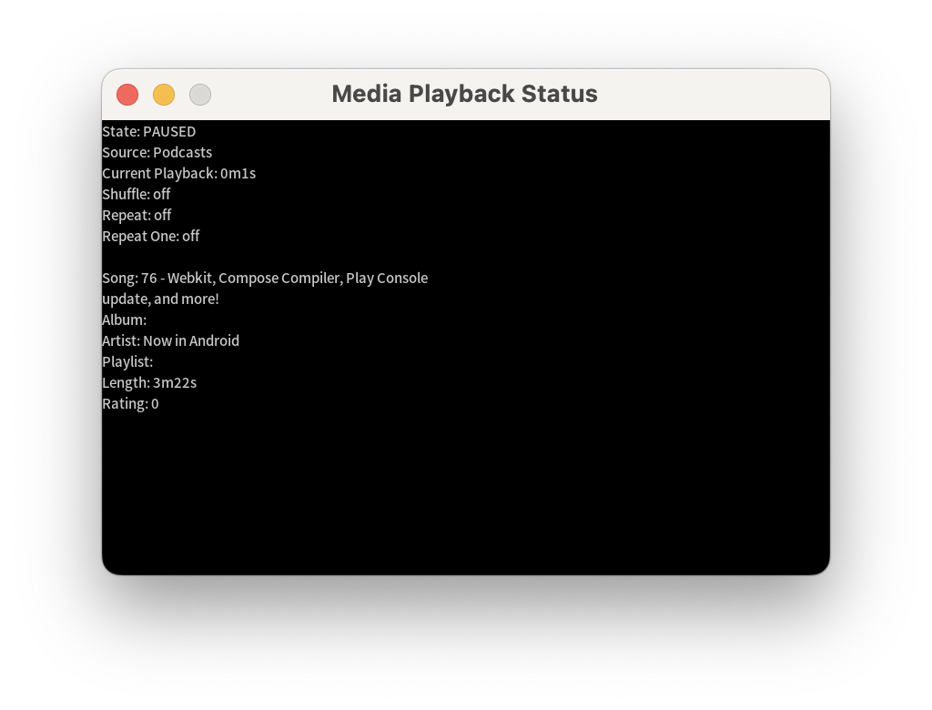 The DHU's media playback status window showing playback information