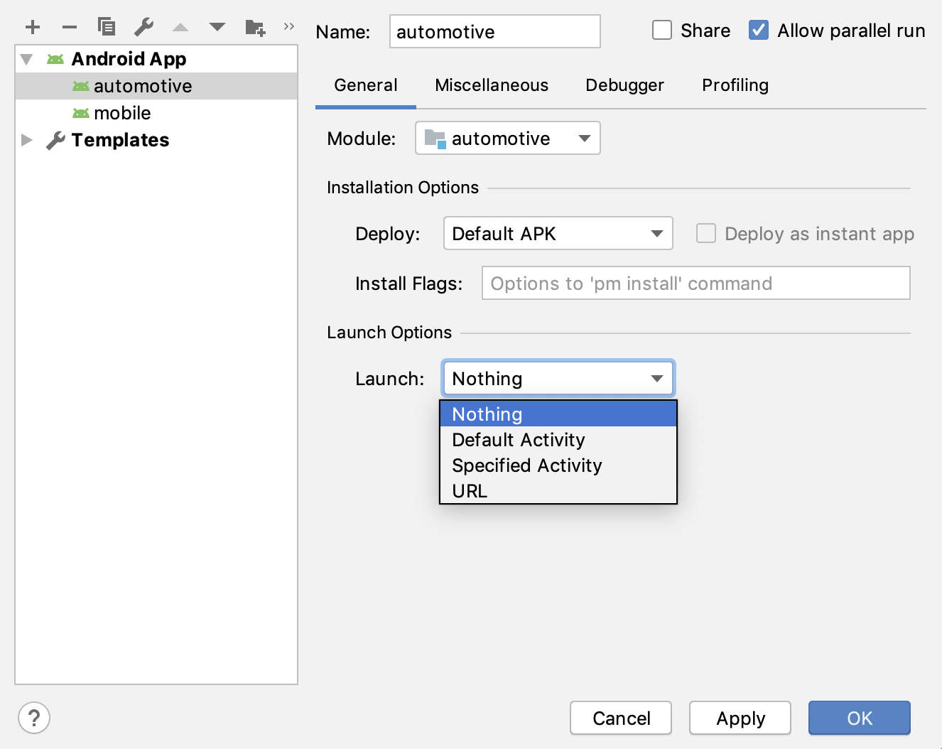 La finestra di dialogo Esegui/Debug configurazioni.