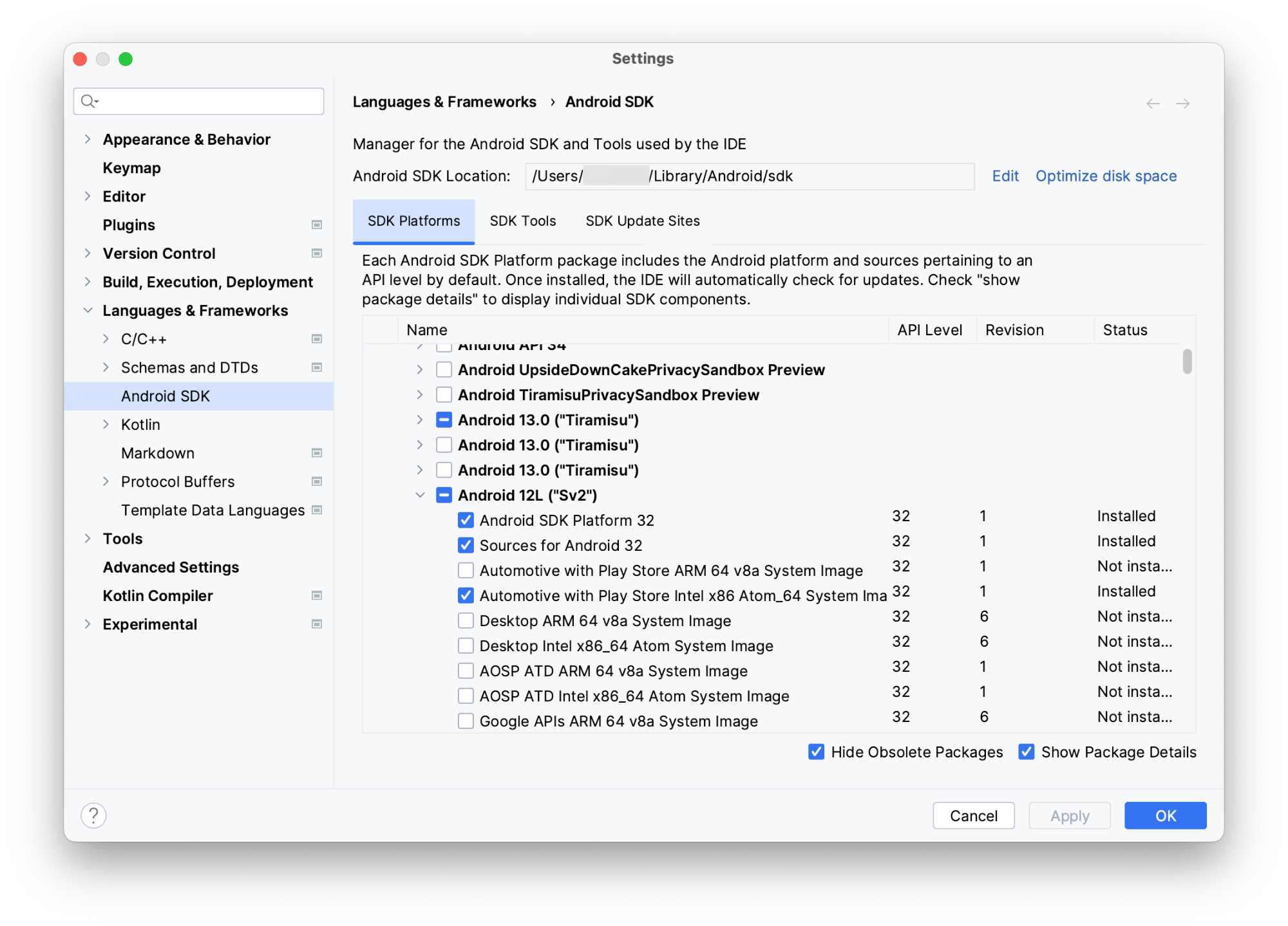 Lista komponentów SDK Platform do ogólnego obrazu systemu
        zaznaczono.