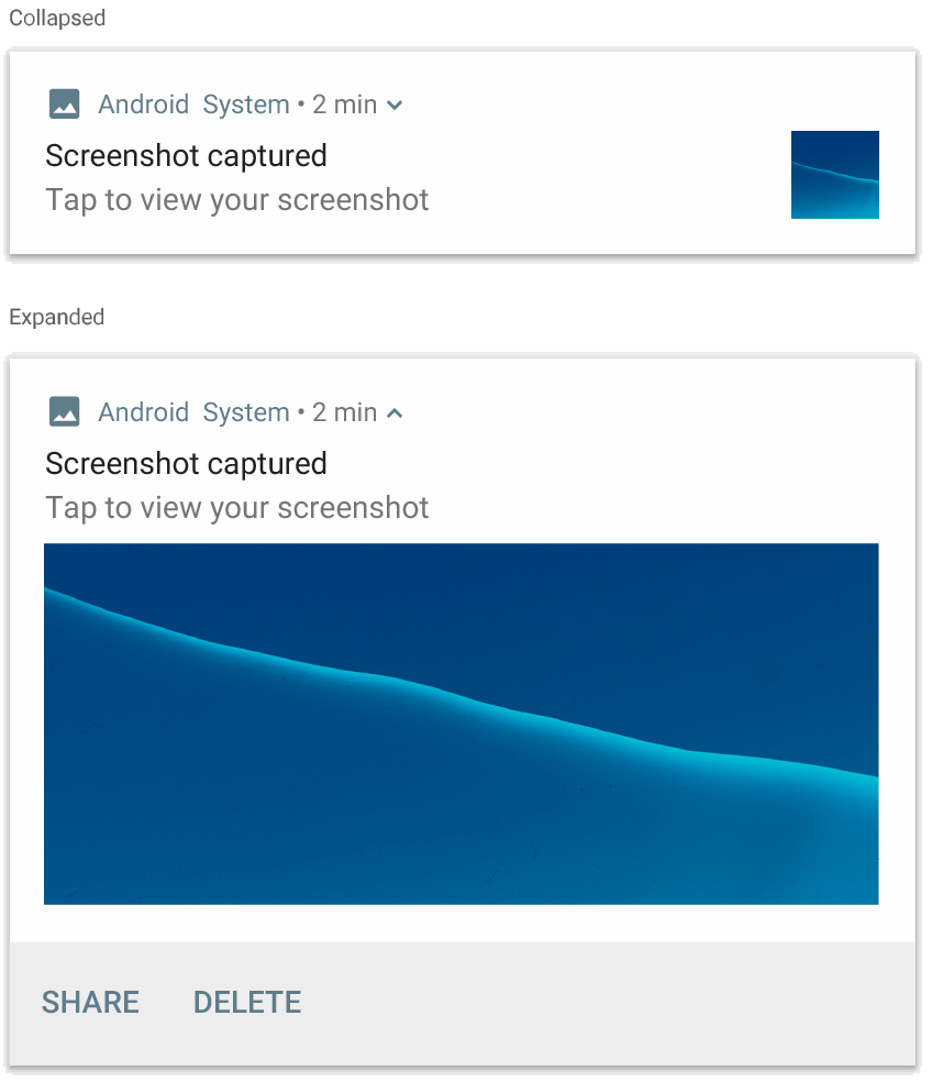 Un&#39;immagine che mostra una notifica compressa e una notifica espansa contenente un&#39;immagine blu