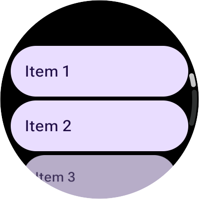 Un elemento TransformingLazyColumn con layout normale, che mostra l'elemento 1 in alto e gli elementi in ordine crescente.