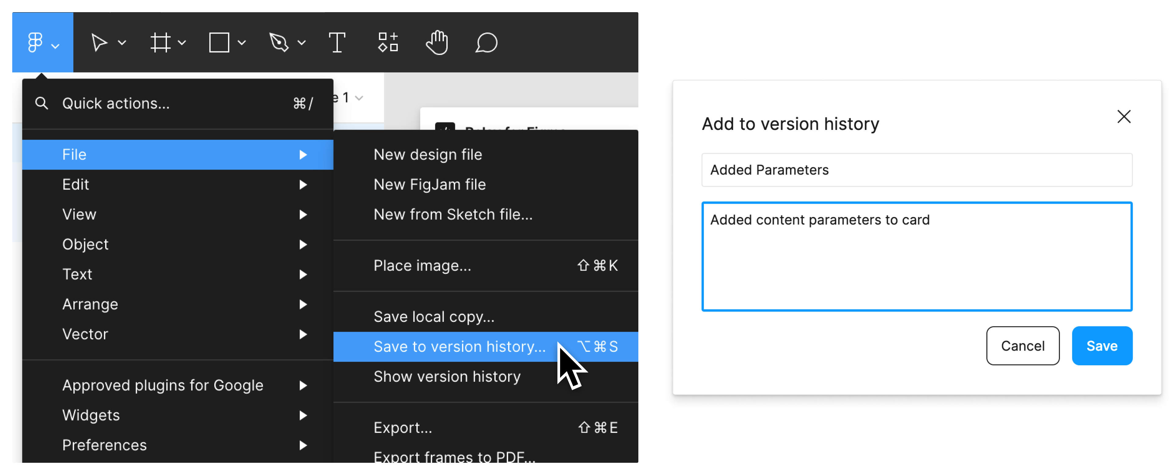 Save to version history option in the menu
