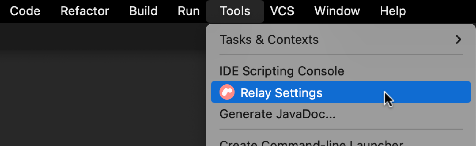 Relay settings menu option under Tools to setup Figma access token
