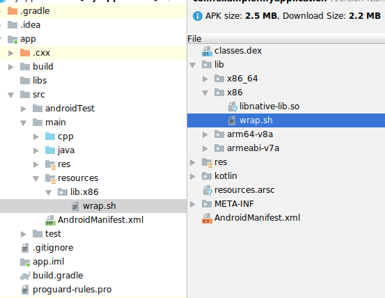 Beispiel für die Verpackung von wrap.sh in Android Studio