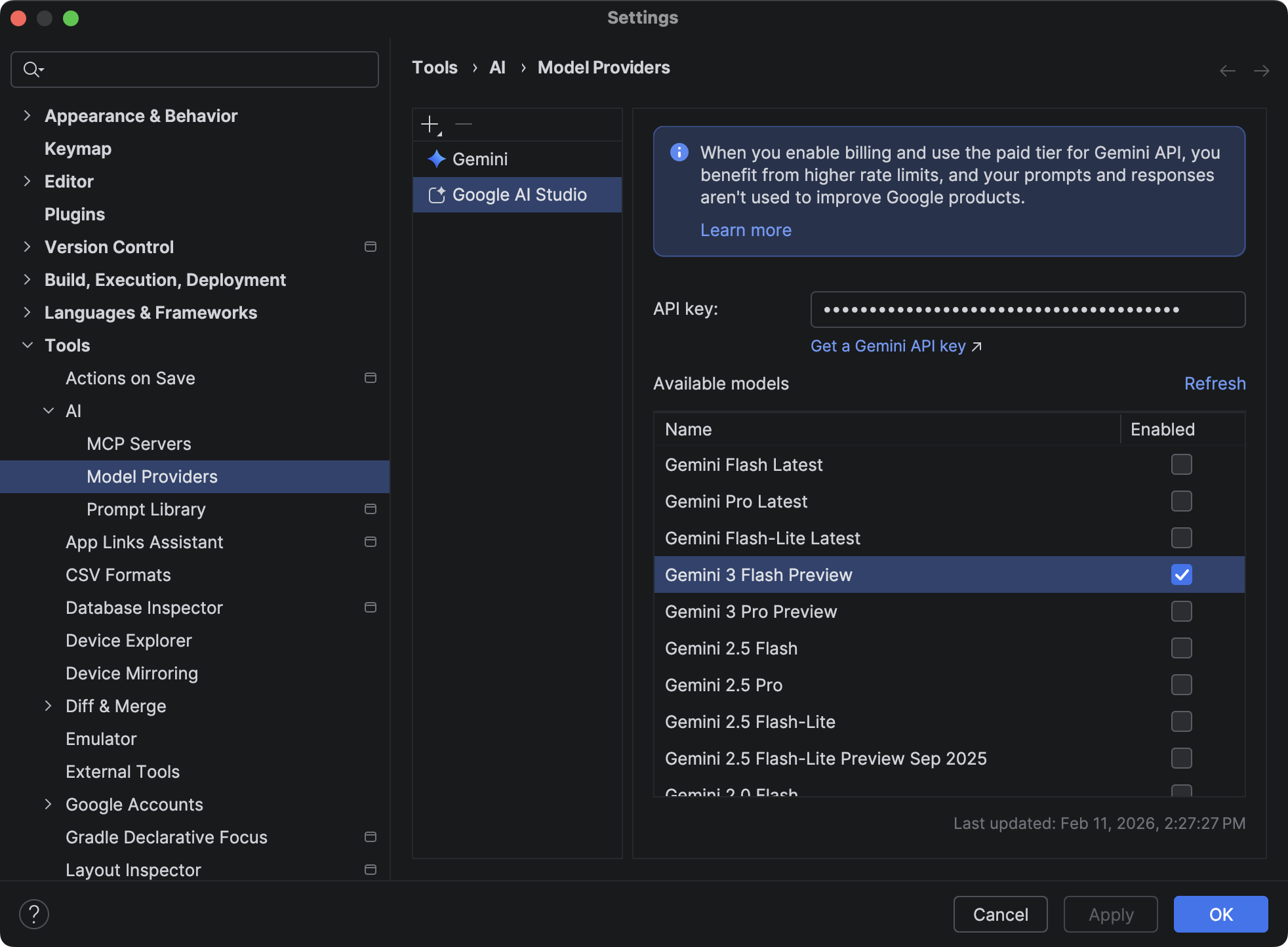 Adding a Google AI Studio API key in Android Studio settings
under Tools > AI > Model Providers.