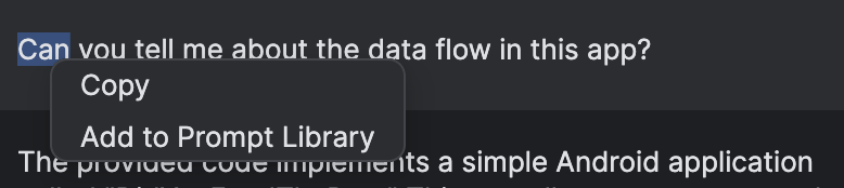 El menú contextual "Add to Prompt Library" en Android Studio.